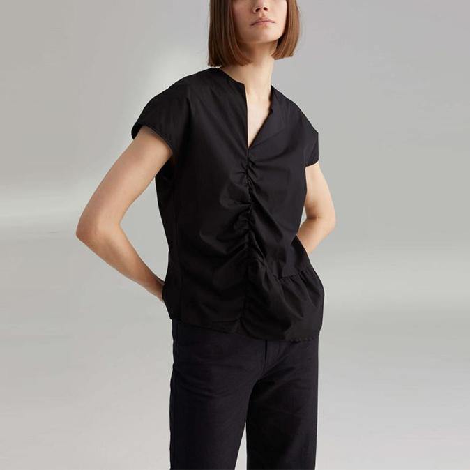 Simple asymmetric v neck cotton tunic top Fabrics black blouse summer - Omychic