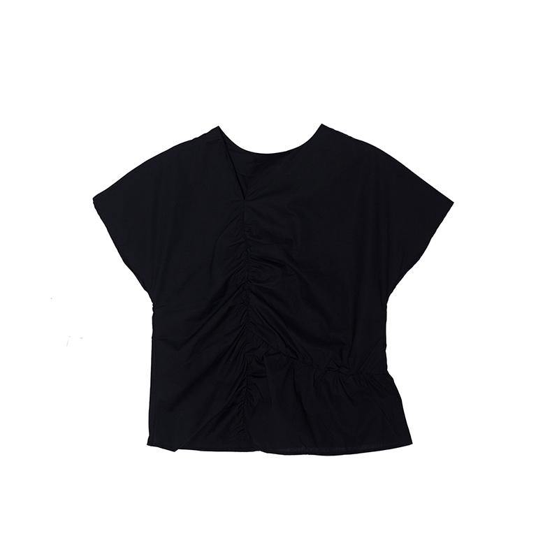 Simple asymmetric v neck cotton tunic top Fabrics black blouse summer - Omychic