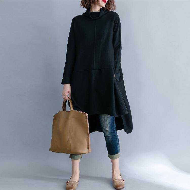 Simple black Sweater outfits plus size low high design baggy knitted tops side open - Omychic