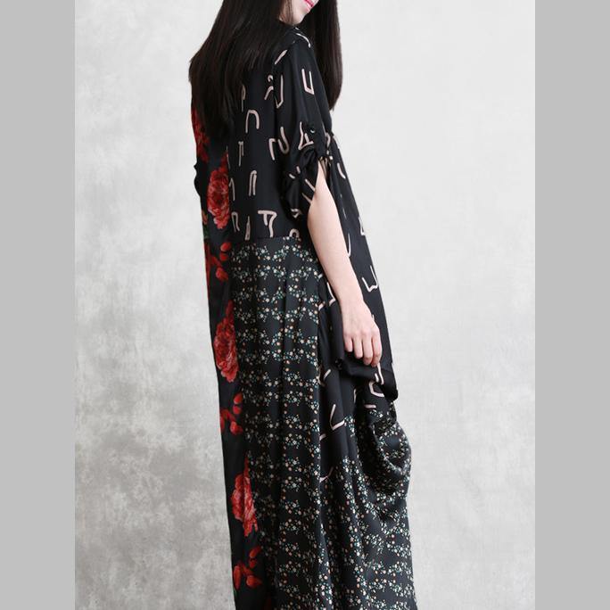 Simple black print chiffon outfit 2019 Tutorials o neck pockets patchwork Maxi Summer Dress - Omychic