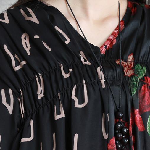 Simple black print chiffon outfit 2019 Tutorials o neck pockets patchwork Maxi Summer Dress - Omychic