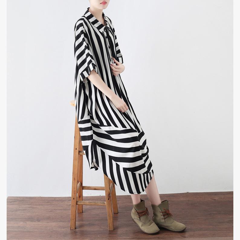 Simple black striped top silhouette Organic pattern lapel Batwing Sleeve Vestidos De Lino shirt dress - Omychic