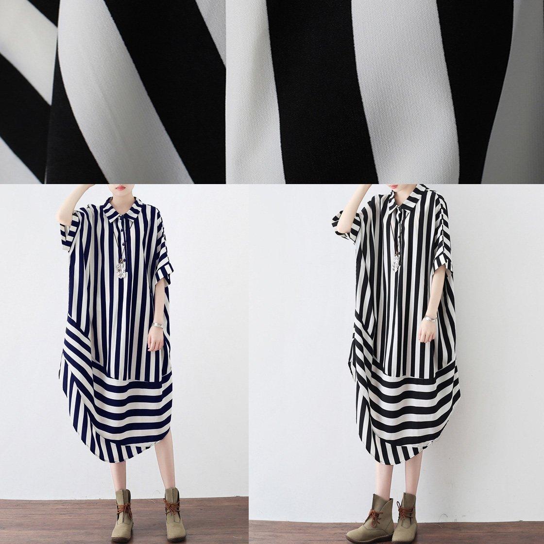 Simple black striped top silhouette Organic pattern lapel Batwing Sleeve Vestidos De Lino shirt dress - Omychic