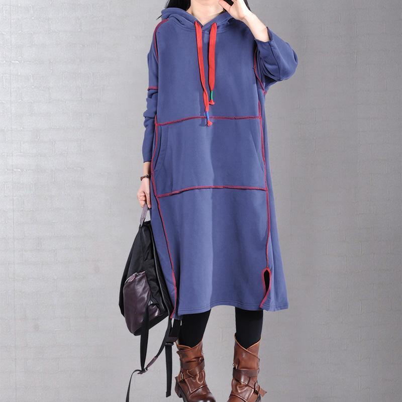 Simple blue cotton dresses hooded drawstring Maxi Dresses - Omychic