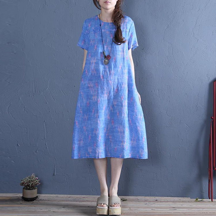 Simple blue print linen outfit o neck pockets Art summer Dress - Omychic