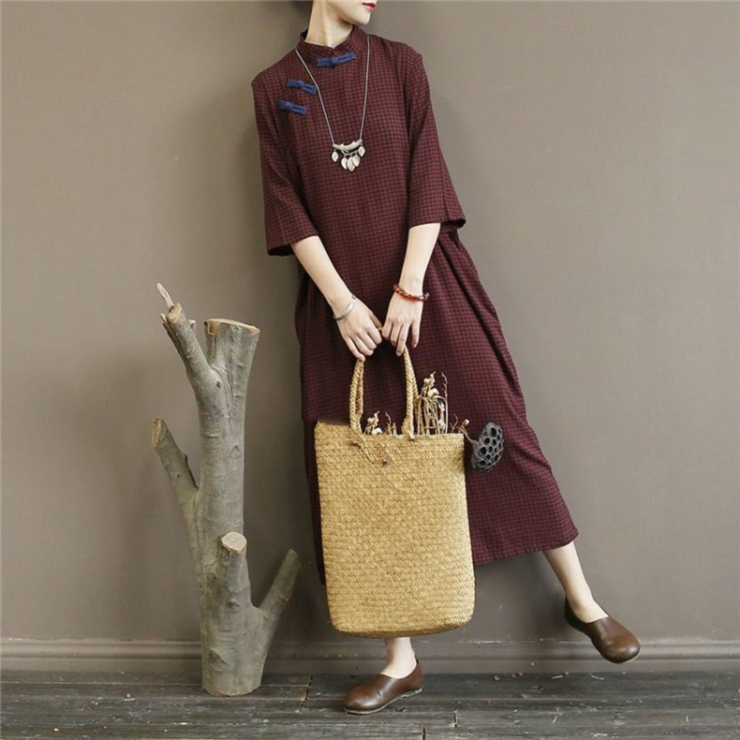 Simple bracelet sleeved cotton summer tunic dress Fashion Ideas dark khaki plaid Traveling Dress - Omychic