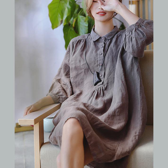 Simple brown linen clothes For Women Korea Photography Peter pan Collar shift spring Dress - Omychic