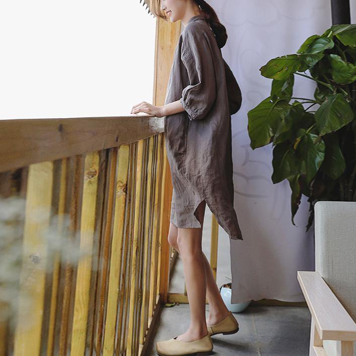 Simple brown linen clothes For Women Korea Photography Peter pan Collar shift spring Dress - Omychic