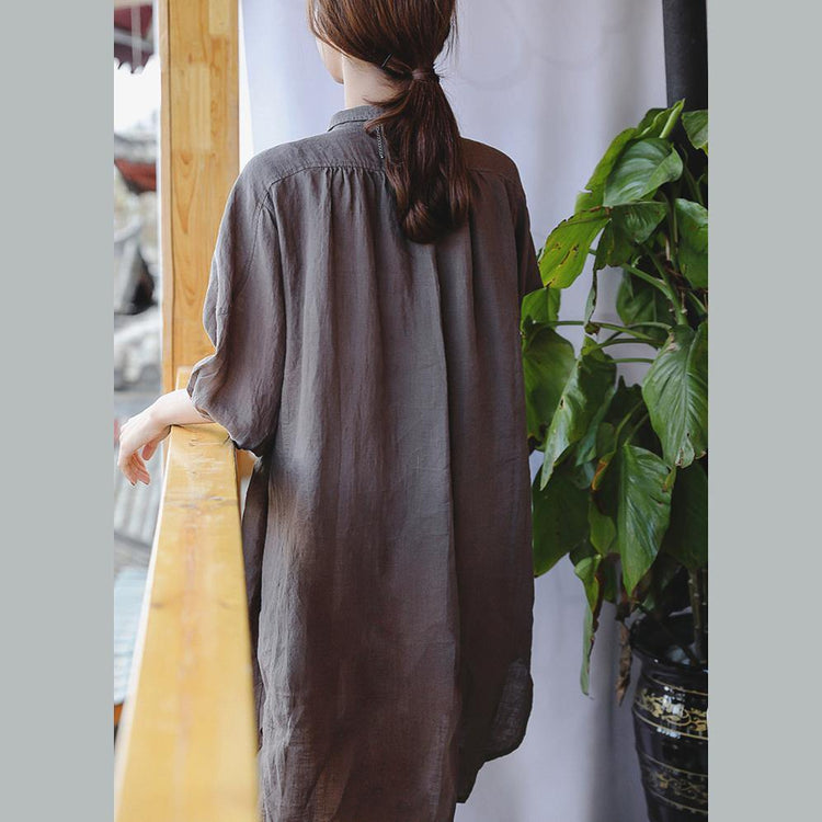 Simple brown linen clothes For Women Korea Photography Peter pan Collar shift spring Dress - Omychic