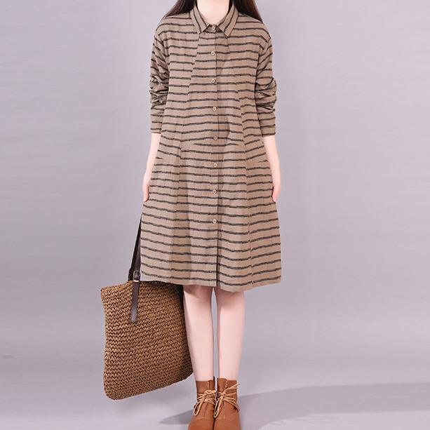 Simple brown striped Cotton clothes Women lapel baggy Art Dress - Omychic