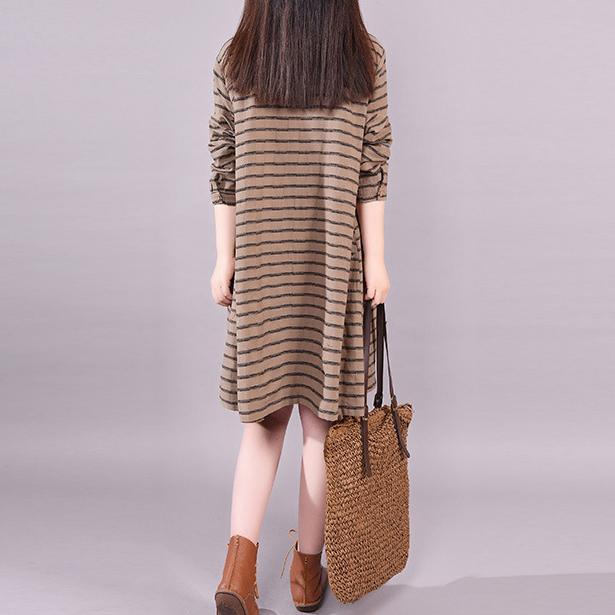 Simple brown striped Cotton clothes Women lapel baggy Art Dress - Omychic