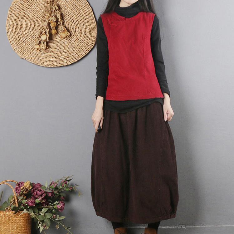 Simple burgundy quilting clothes elastic waist pockets daily fall skirt - Omychic