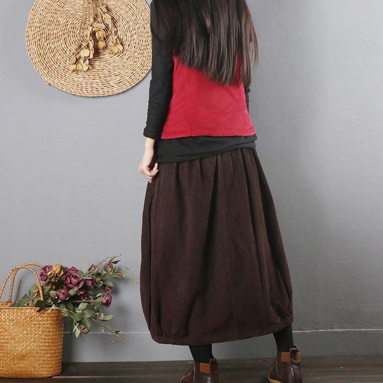 Simple burgundy quilting clothes elastic waist pockets daily fall skirt - Omychic