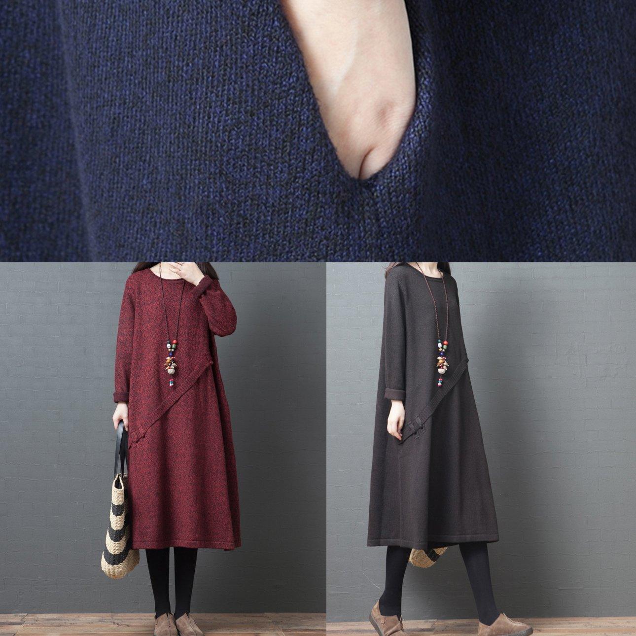 Simple chocolate Sweater dress outfit Street Style o neck pockets tunic knit dresses - Omychic