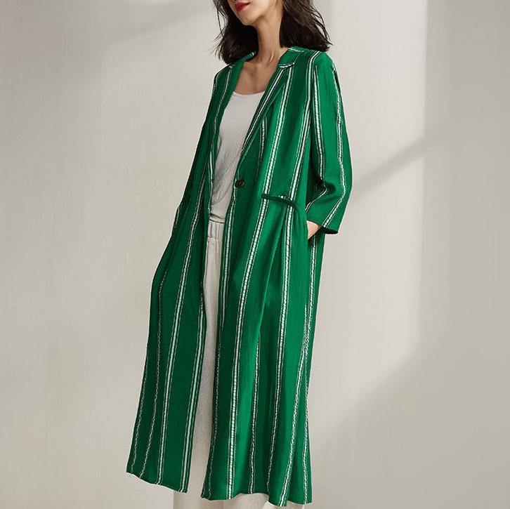 Simple clothes Indian Spring Stripe Cardigan Plus Size Green Trench Coat - Omychic