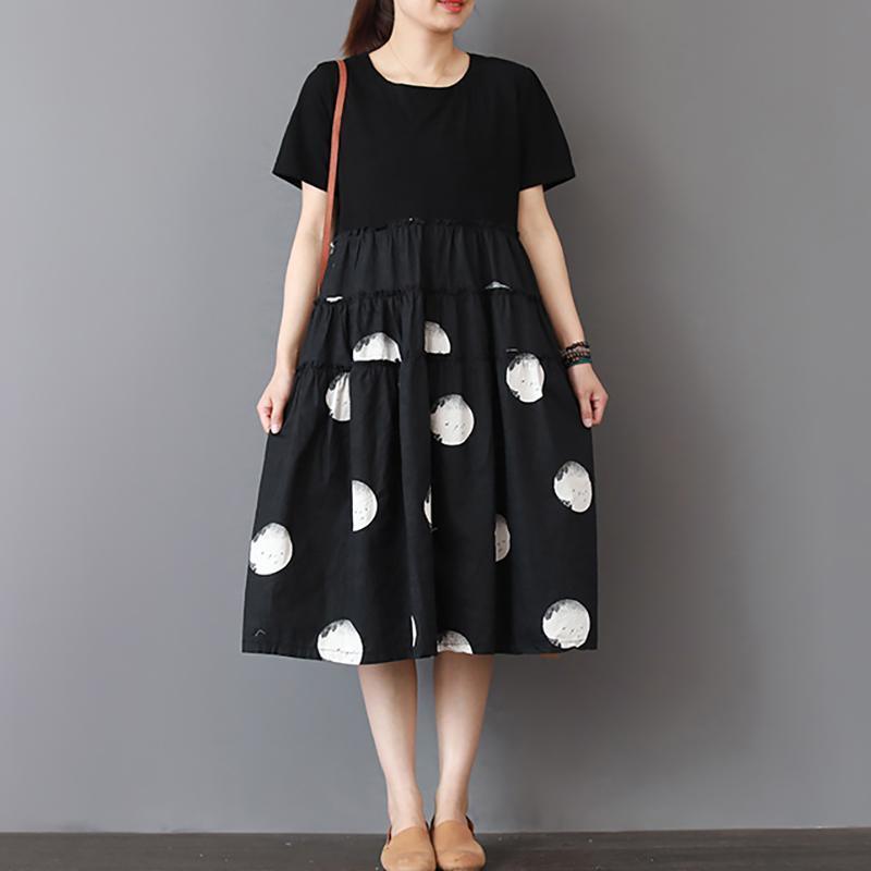 Simple cotton dresses Metropolitan Museum Casual Dot Spliced Print Short Sleeve Dress - Omychic
