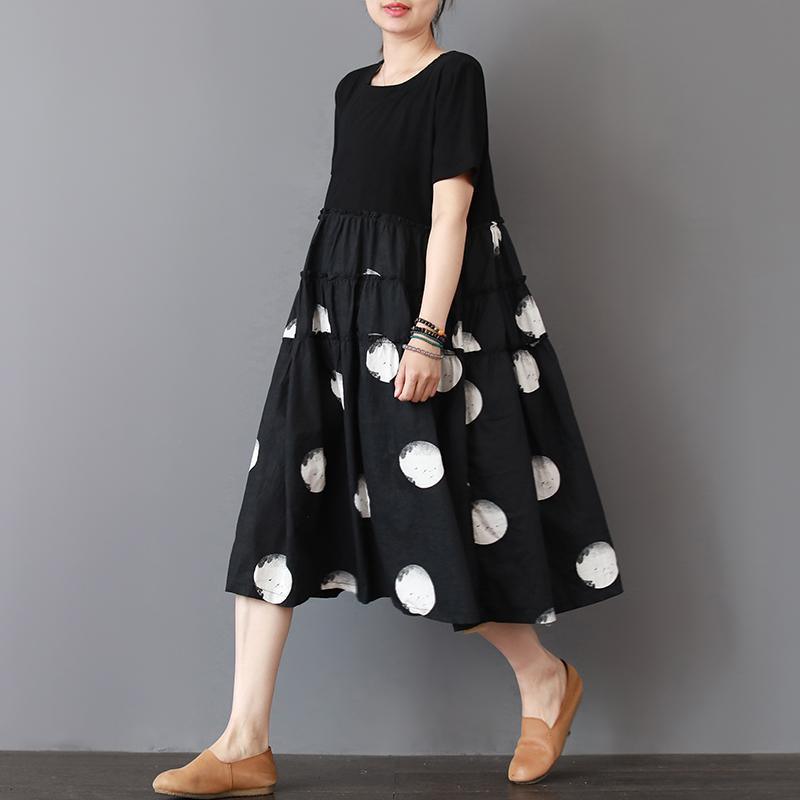 Simple cotton dresses Metropolitan Museum Casual Dot Spliced Print Short Sleeve Dress - Omychic