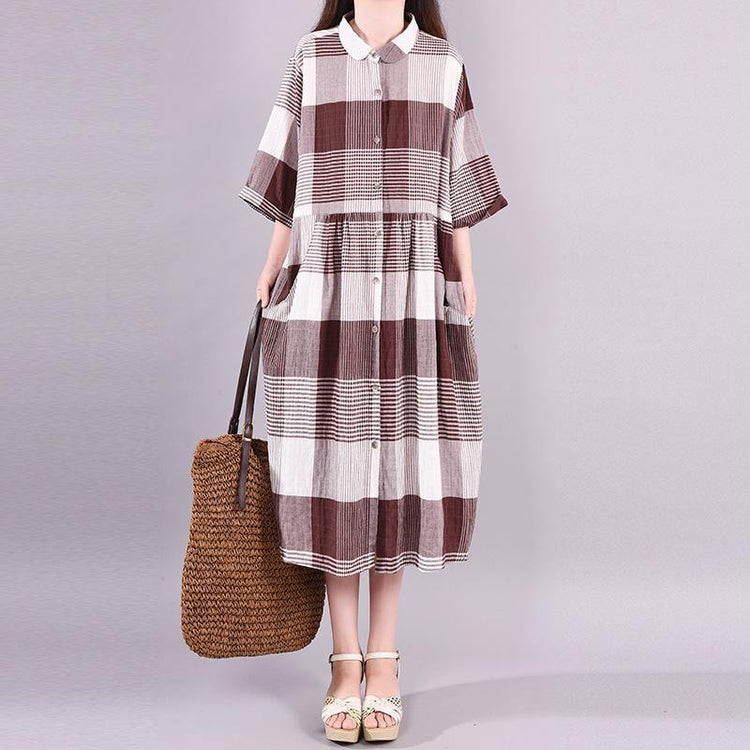 Simple cotton quilting clothes Drops Design Plaid Casual Half Sleeve Polo Collar Dress - Omychic