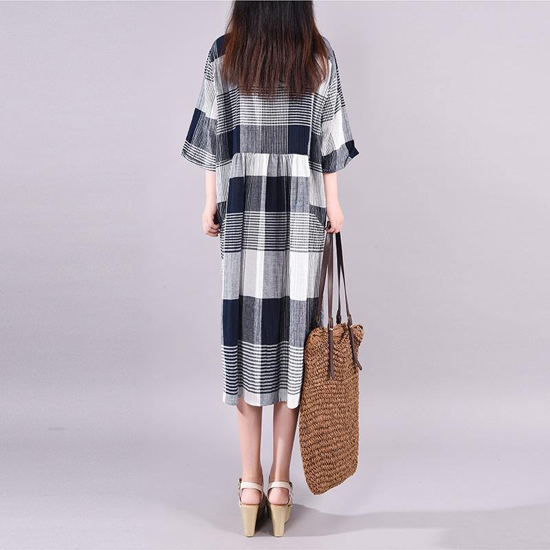 Simple cotton quilting clothes Drops Design Plaid Casual Half Sleeve Polo Collar Dress - Omychic
