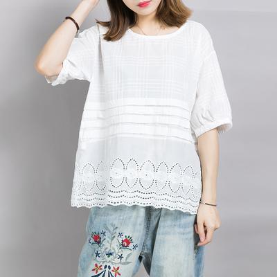 Simple cotton tops women Vintage Plaid Embroidery Hollow Out White T-Shirt - Omychic