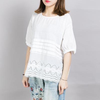 Simple cotton tops women Vintage Plaid Embroidery Hollow Out White T-Shirt - Omychic