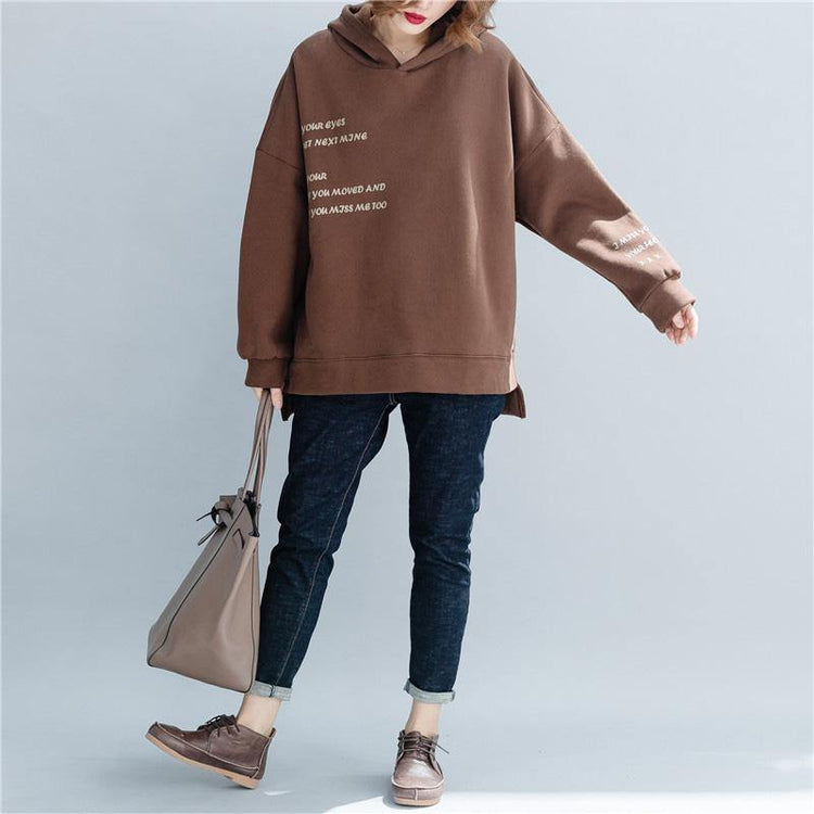 Simple cotton tunic top Casual hooded Work chocolate silhouette tops - Omychic
