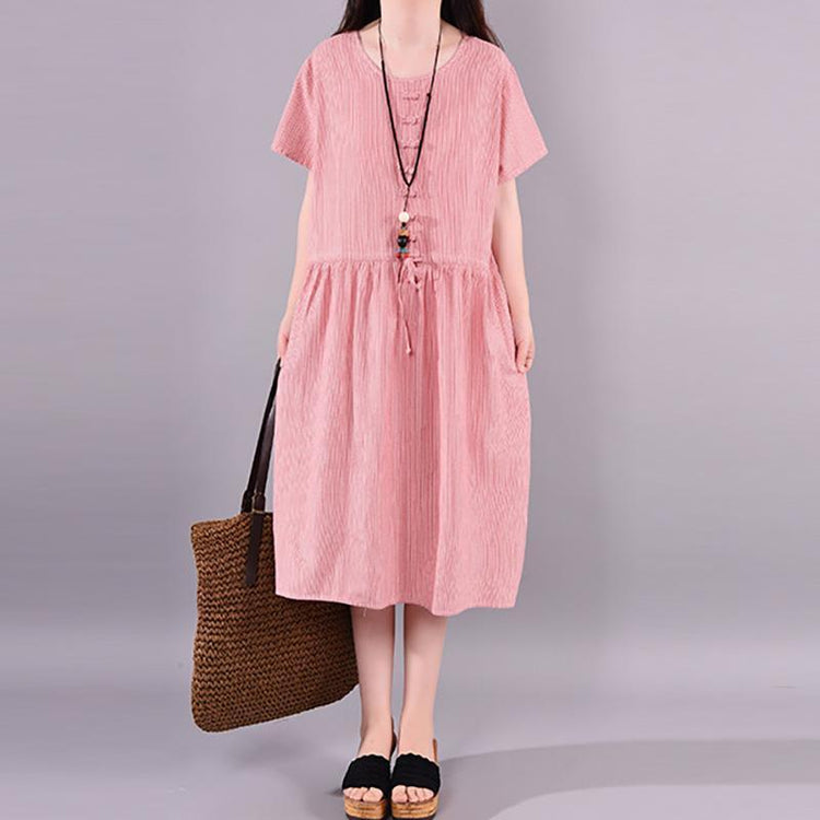 Simple cotton tunic top Fine Frog Button Solid Color Women Casual Midi Dress - Omychic