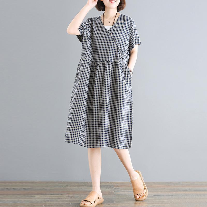 Simple cotton tunic top Women V-Neck Plaid Casual Loose A-line Dress - Omychic