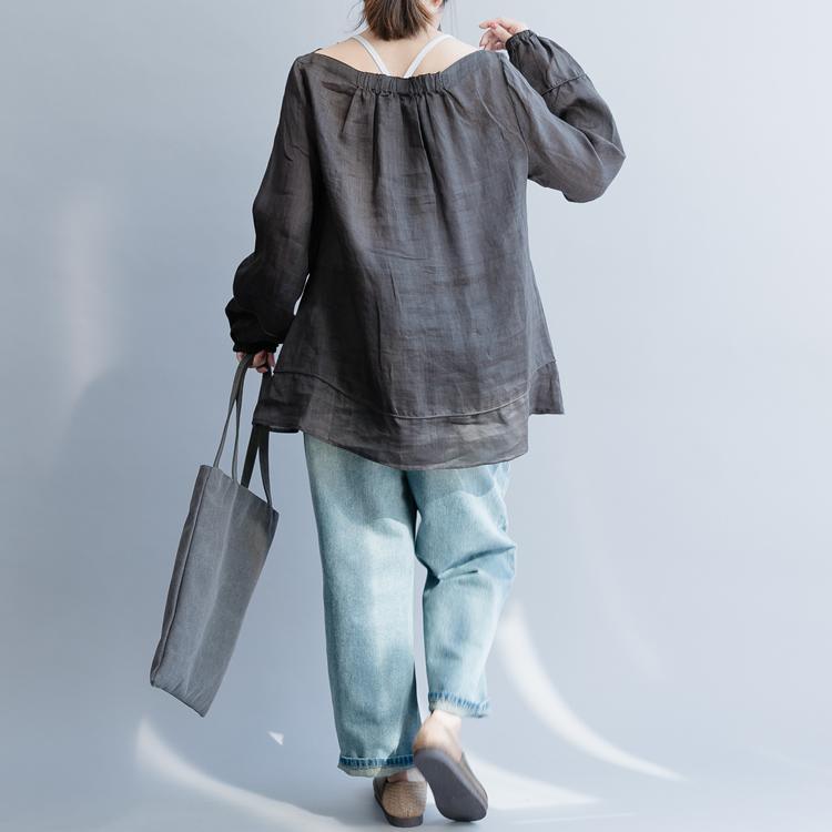 Simple dark gray linen clothes For Women Fitted Wardrobes Slash neck Vestidos De Lino spring blouses - Omychic