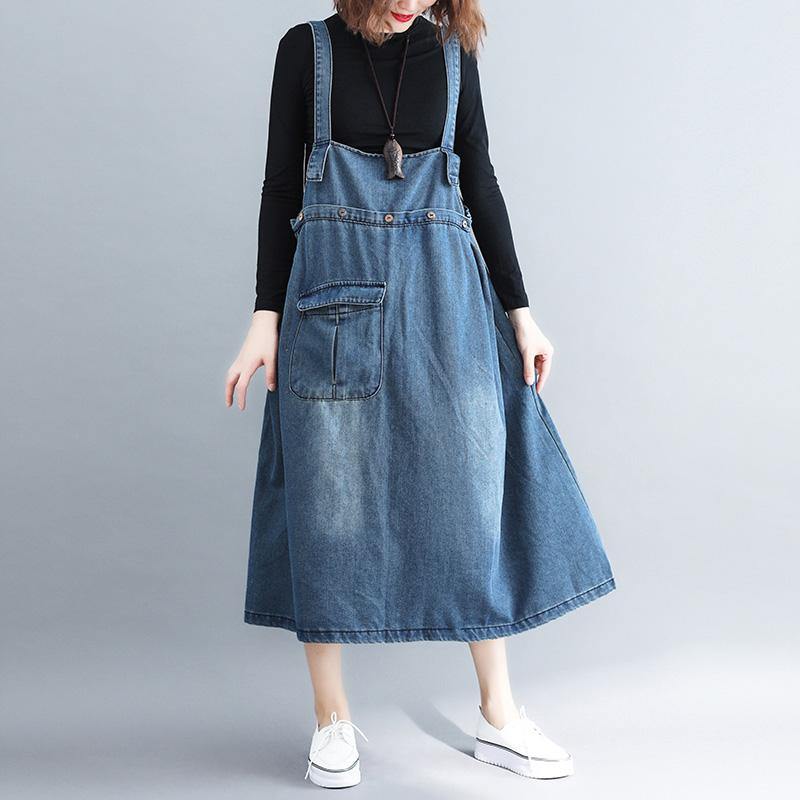 Simple denim blue cotton Tunic Organic Outfits pockets Spaghetti Strap A Line Dress - Omychic