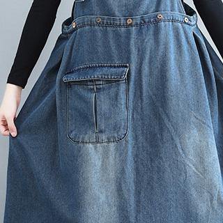 Simple denim blue cotton Tunic Organic Outfits pockets Spaghetti Strap A Line Dress - Omychic