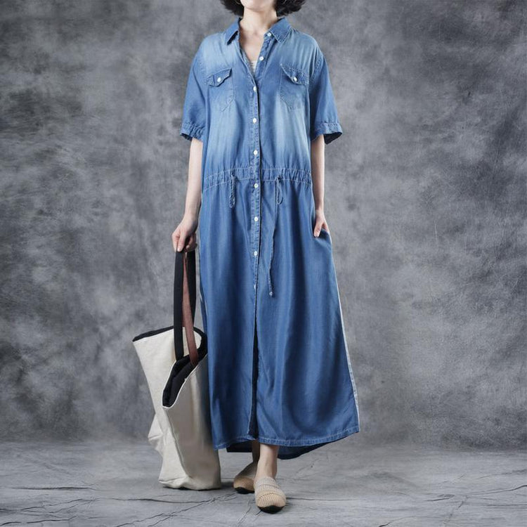 Simple denim blue cotton dresses stand collar drawstring loose summer Dress - Omychic