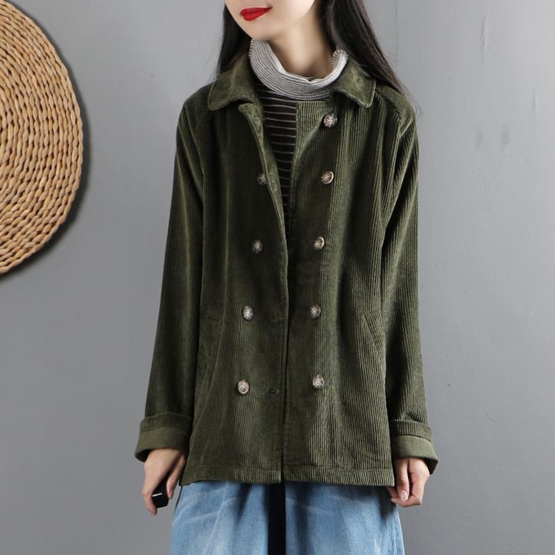 Simple double breast top quality lapel collar coats women blouses army green cotton outwear - Omychic