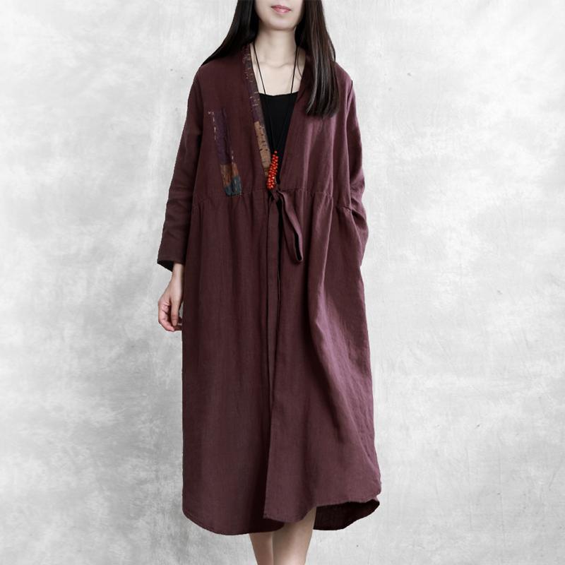 Simple drawstring patchwork linen Long Shirts Runway burgundy Dress - Omychic