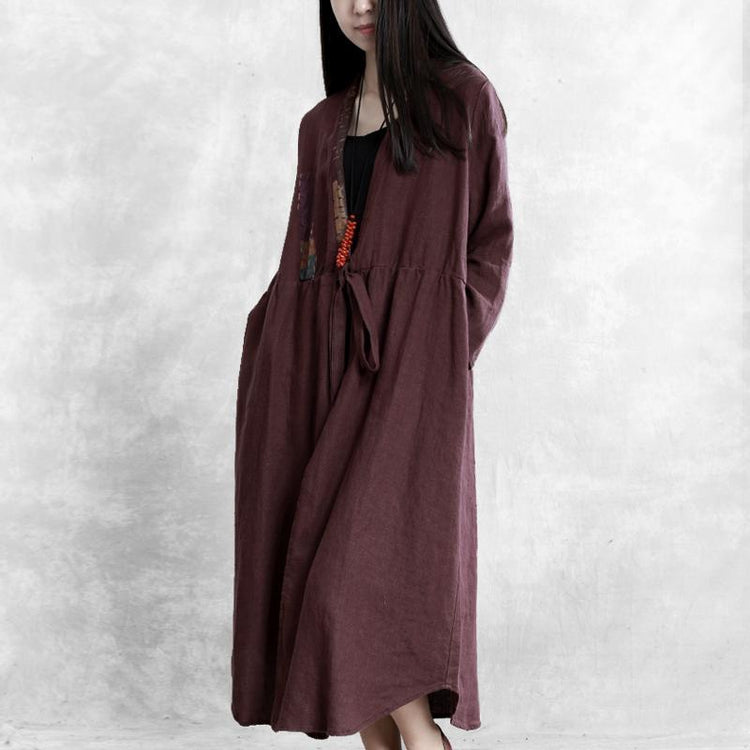 Simple drawstring patchwork linen Long Shirts Runway burgundy Dress - Omychic