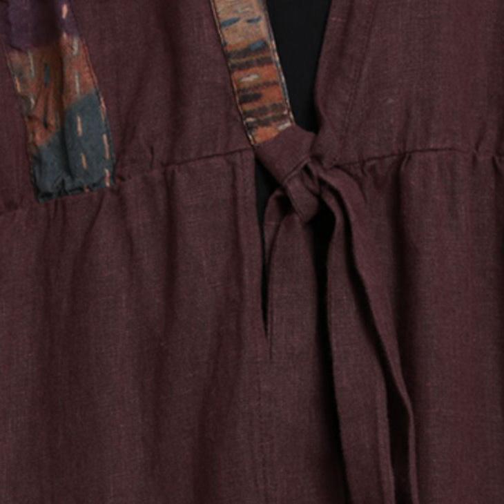 Simple drawstring patchwork linen Long Shirts Runway burgundy Dress - Omychic