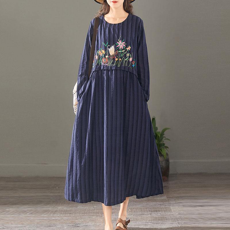 Simple embroidery linen dresses Fabrics blue patchwork Dress autumn - Omychic