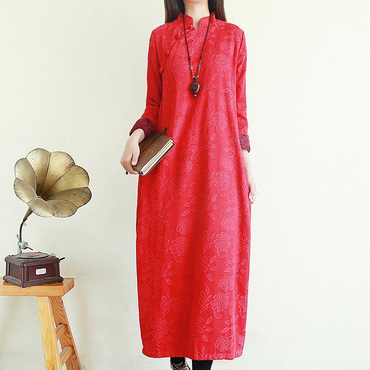 Simple embroidery linen thick dress linen red Dresses - Omychic