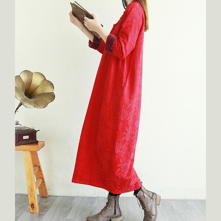 Simple embroidery linen thick dress linen red Dresses - Omychic