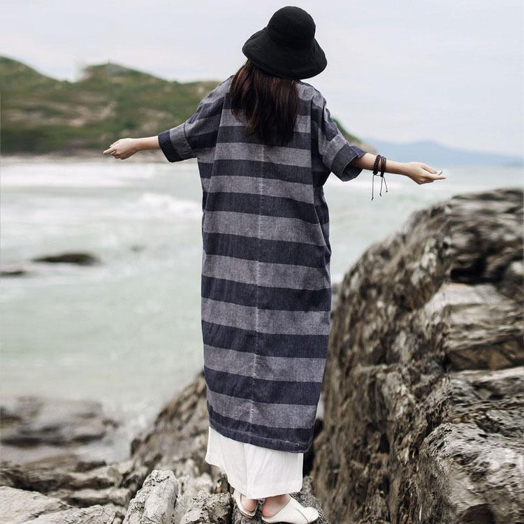 Simple gray striped linen dresses o neck half sleeve pockets summer Dress - Omychic