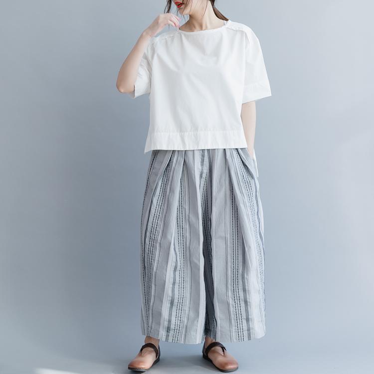 Simple gray striped linen women Plus Size Shape wide leg pants daily spring - Omychic