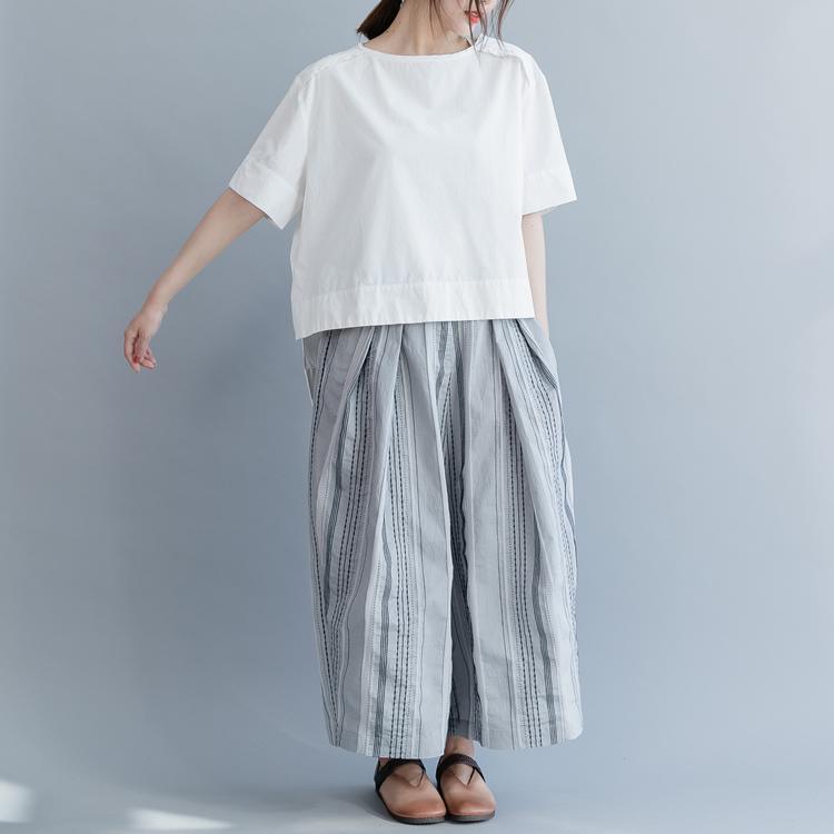 Simple gray striped linen women Plus Size Shape wide leg pants daily spring - Omychic