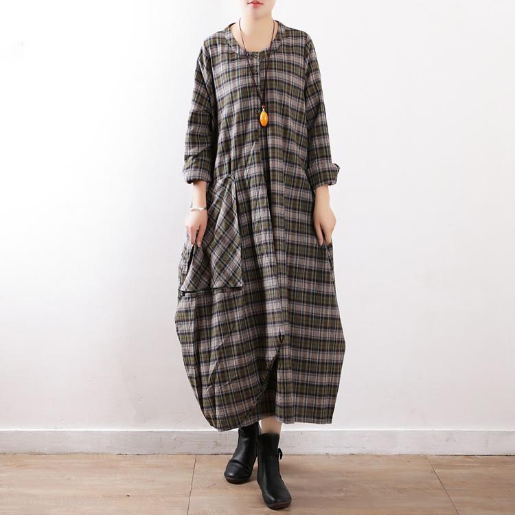 Simple green Plaid cotton clothes For Women plus size Work Outfits Large pockets Robe Dress - Omychic