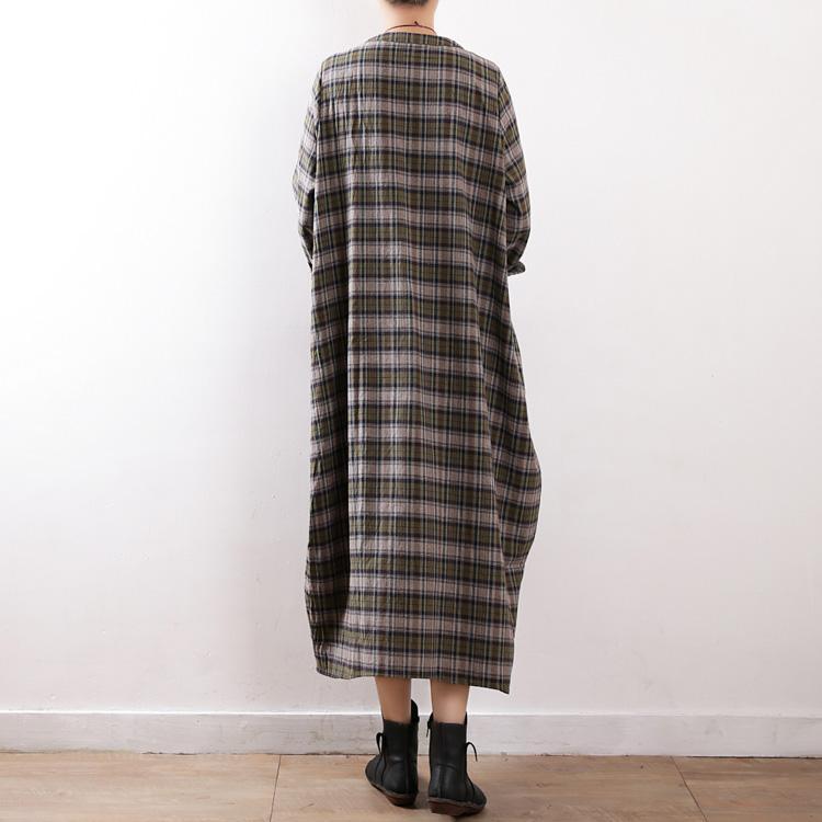 Simple green Plaid cotton clothes For Women plus size Work Outfits Large pockets Robe Dress - Omychic