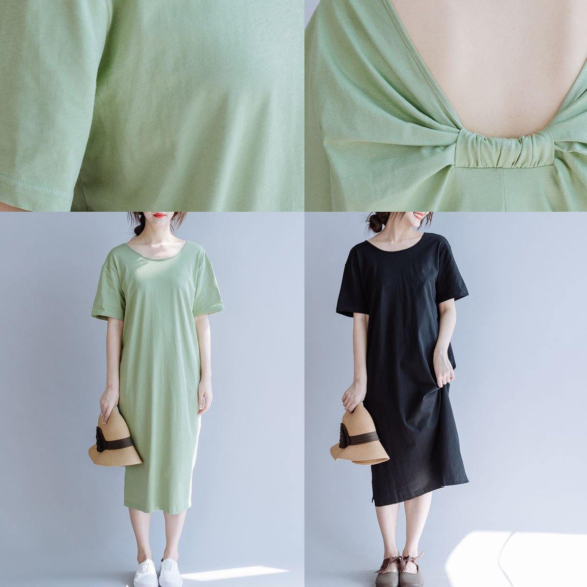 Simple green cotton quilting dresses o neck side open Vestidos De Lino summer Dresses - Omychic