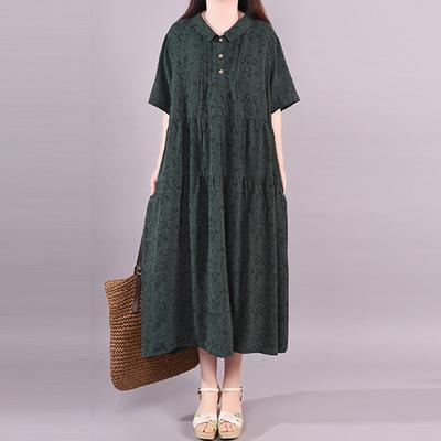 Simple green cotton tunic pattern Mom Summer Fashion Short Sleeve Loose Dress - Omychic