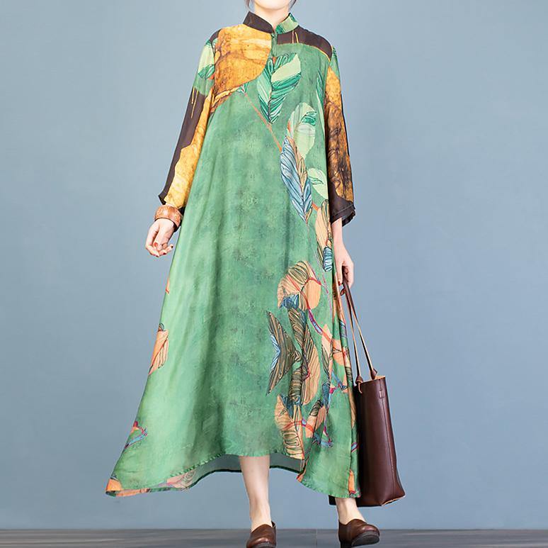 Simple green print Wardrobes stand collar asymmetric A Line Dresses - Omychic