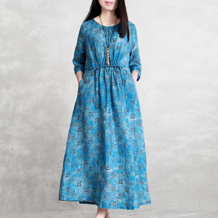 Simple half sleeve linen clothes For Women Inspiration blue prints Dress summer - Omychic