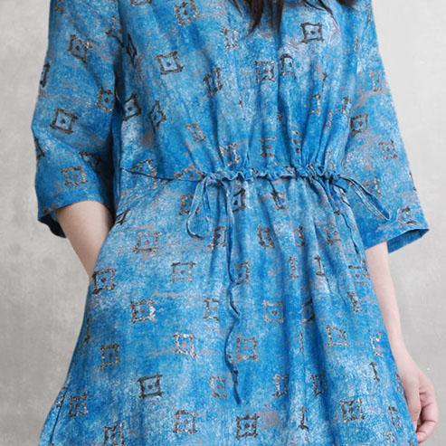 Simple half sleeve linen clothes For Women Inspiration blue prints Dress summer - Omychic