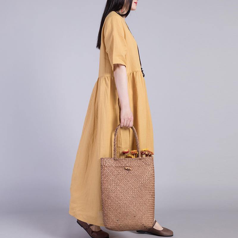 Simple Half Sleeve Linen Dresses Runway Yellow Dresses Summer ( Limited Stock) - Omychic